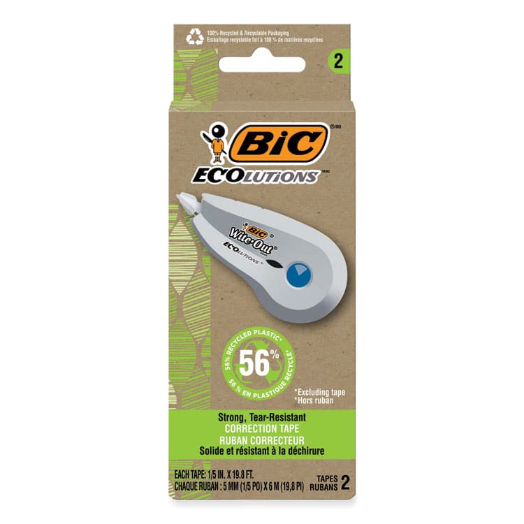 BIC CORP. Wite-Out Brand ECOlutions Mini Correction Tape, Non-Refillable, 0.2" x 19.8 ft, White Tape, White/Blue Dispenser, 2/Pack (BICWOET21WHI) thumbnail 3