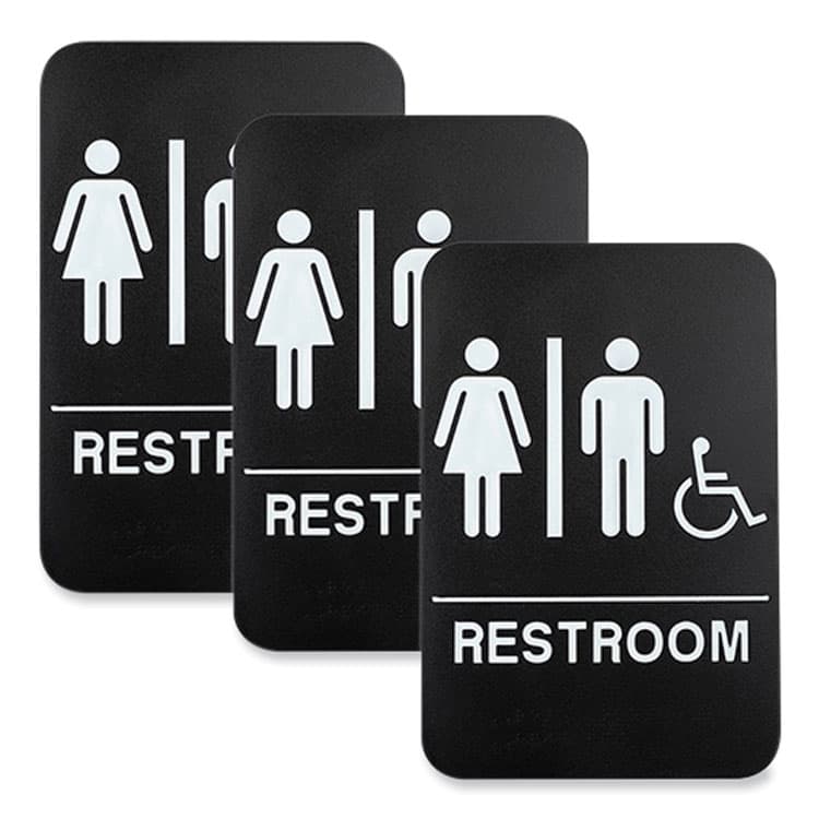 EXCELLO GLOBAL PRODUCTS Indoor/Outdoor Restroom Sign with Braille Text and Wheelchair, 6" x 9", Black Face, White Graphics, 3/Pack (EXOHD0036S)