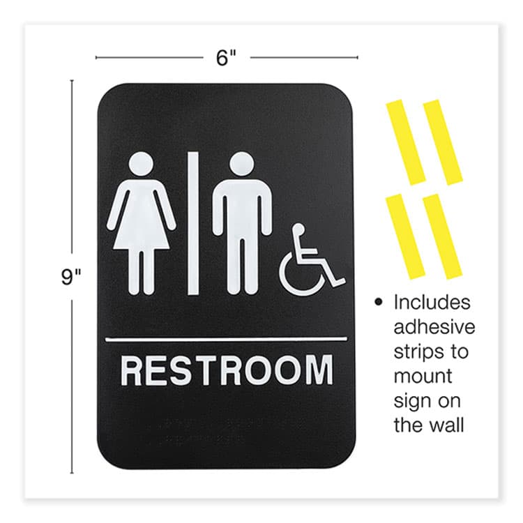 EXCELLO GLOBAL PRODUCTS Indoor/Outdoor Restroom Sign with Braille Text and Wheelchair, 6" x 9", Black Face, White Graphics, 3/Pack (EXOHD0036S) thumbnail 2