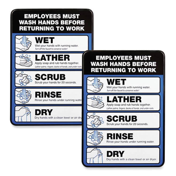 EXCELLO GLOBAL PRODUCTS Employees Must Wash Hands Indoor Wall Sign, 5" x 7", Black/Blue/White Face, Black/Blue Graphics, 2/Pack (EXOHD0171S)