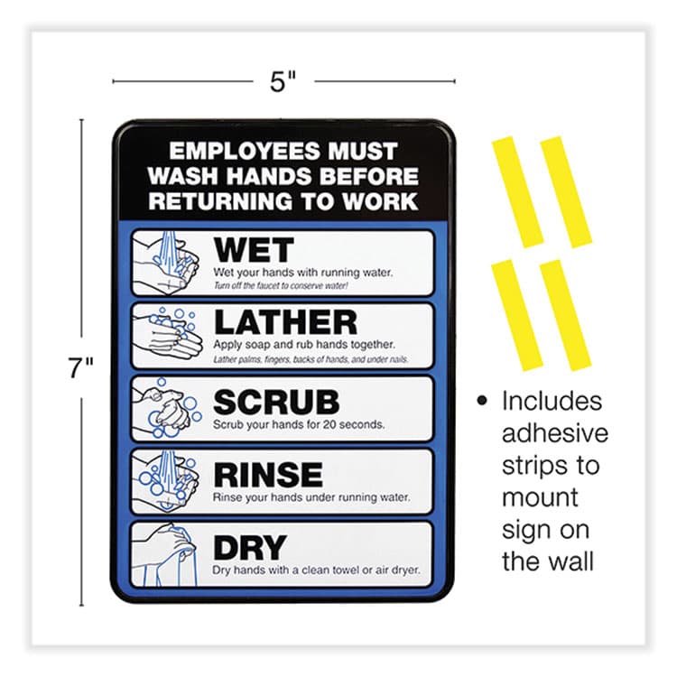 EXCELLO GLOBAL PRODUCTS Employees Must Wash Hands Indoor Wall Sign, 5" x 7", Black/Blue/White Face, Black/Blue Graphics, 2/Pack (EXOHD0171S) thumbnail 2