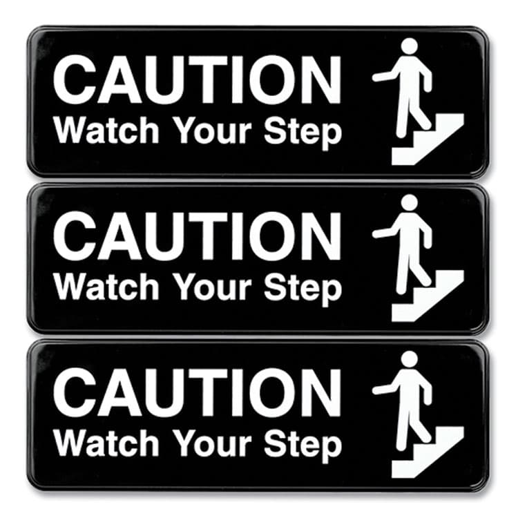EXCELLO GLOBAL PRODUCTS Caution Watch Your Step Indoor/Outdoor Wall Sign, 9" x 3", Black Face, White Graphics, 3/Pack (EXOHD0268S)