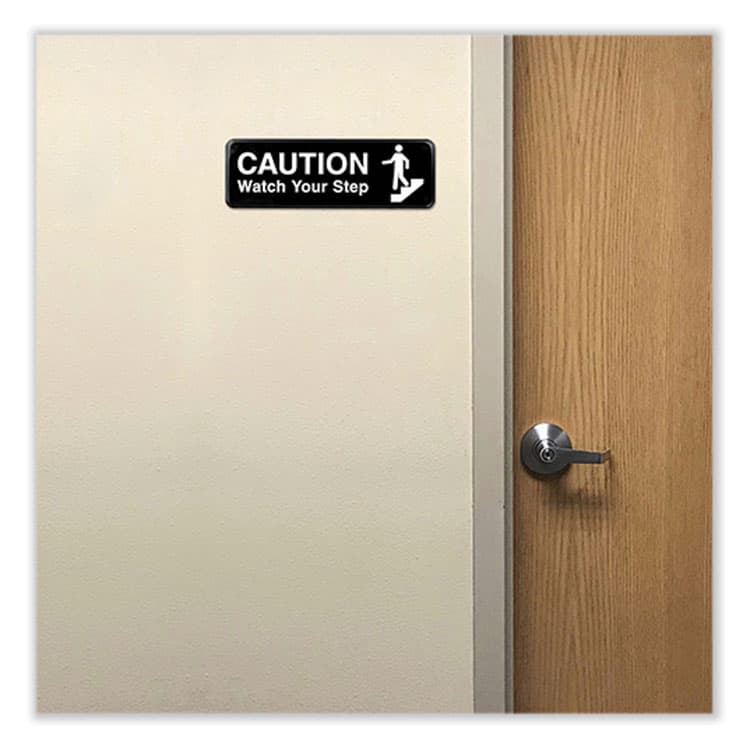 EXCELLO GLOBAL PRODUCTS Caution Watch Your Step Indoor/Outdoor Wall Sign, 9" x 3", Black Face, White Graphics, 3/Pack (EXOHD0268S) thumbnail 4