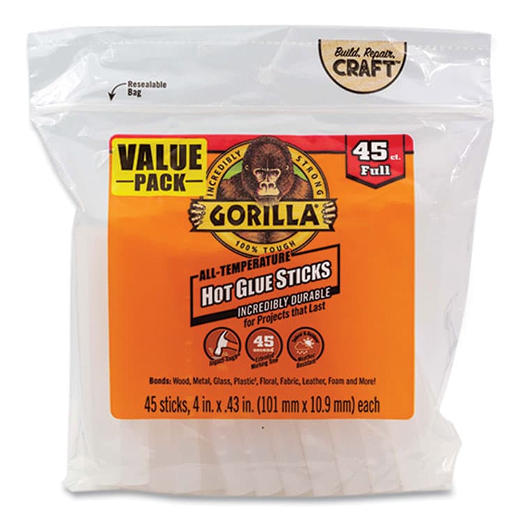 GORILLA GLUE COMPANY Hot Glue Sticks, 0.43" dia x 4", Dries Clear, 45/Pack (GOR3034502)