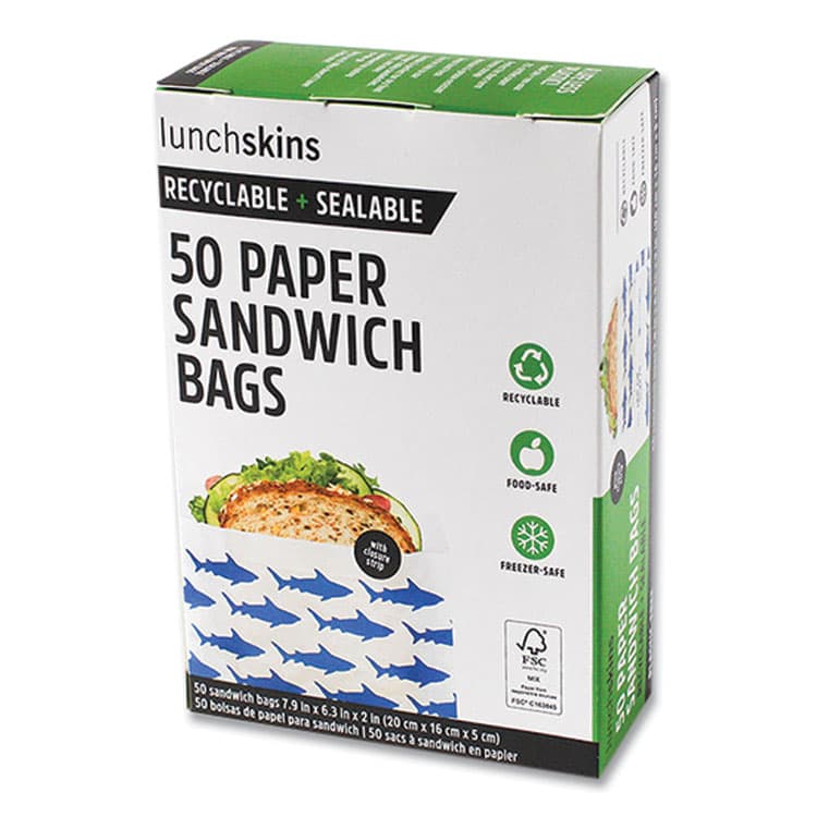 3GREENMOMS, LLC Peel and Seal Sandwich Bag with Closure Strip, 6.3" x 2" x 7.9", Blue Sharks/White, 50/Box (LCH854735005904)