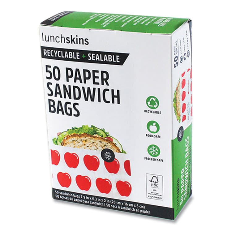 3GREENMOMS, LLC Peel and Seal Sandwich Bag with Closure Strip, 6.3" x 2" x 7.9", Red Apples/White, 50/Box (LCH854735005911)