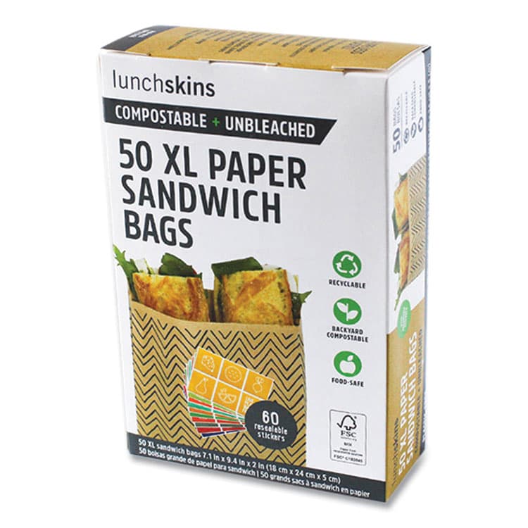 3GREENMOMS, LLC XL Sandwich Bag with Resealable Stickers, 7.1" x 2" x 9.1", Black Stripes/Natural Kraft, 50/Box (LCH860000586764)