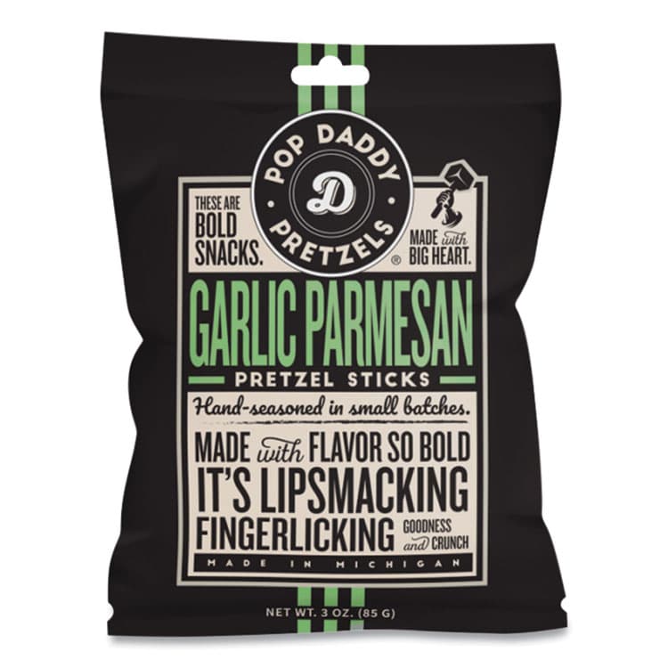 POP DADDY SNACKS Garlic Parmesan Pretzel Sticks, 3 oz Bag, 15/Carton (POY00557)