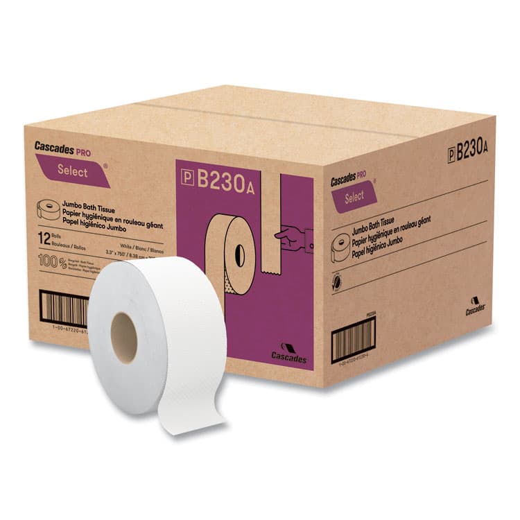 CASCADES TISSUE GROUP Select Jumbo Bath Tissue, Septic Safe, 2-Ply, 3.3" x 750 ft, White, 12 Rolls/Carton (CSDB230)