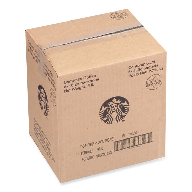 STARBUCKS COFFEE COMPANY Whole Bean Coffee, Decaffeinated, Pike Place, 1 lb, Bag, 6/Carton (SBK12540222CT) thumbnail 3