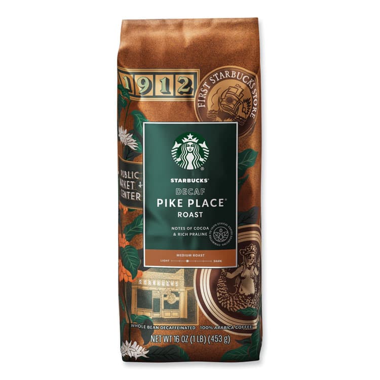 STARBUCKS COFFEE COMPANY Whole Bean Coffee, Decaffeinated, Pike Place, 1 lb, Bag, 6/Carton (SBK12540222CT) thumbnail 4