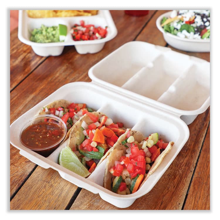 WORLD CENTRIC Fiber Hinged Takeout Containers, 8.8 x 8.2 x 2.9, Natural, Paper, 300/Carton (WORTOSCT3LFS) thumbnail 2