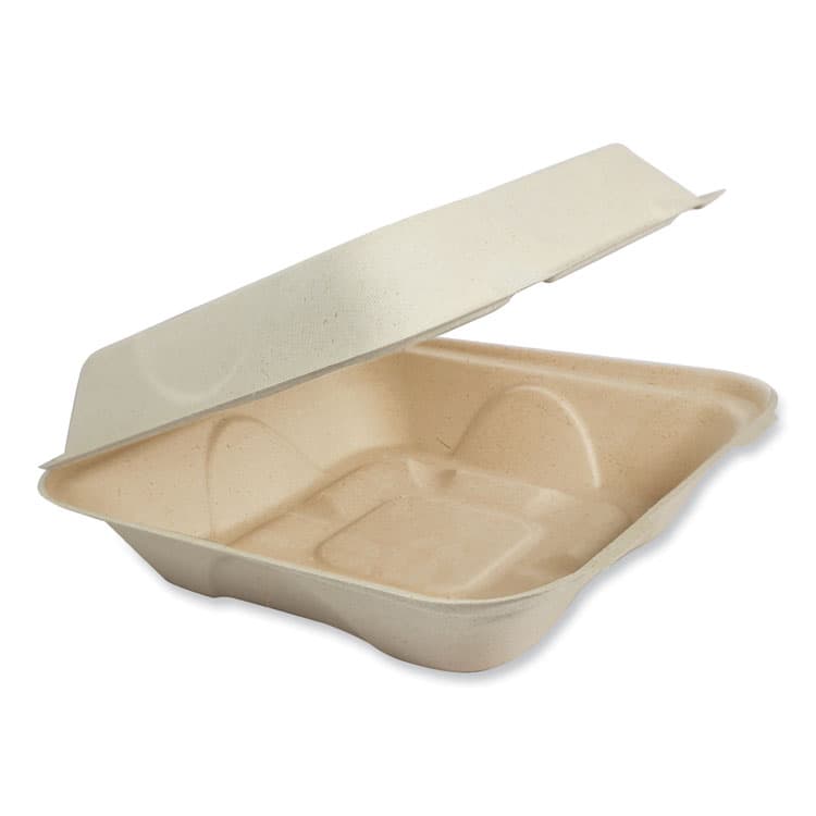 WORLD CENTRIC Fiber Hinged Takeout Containers, 7 x 8.3 x 3.2, Natural, Paper, 300/Carton (WORTOSCU853LFP)