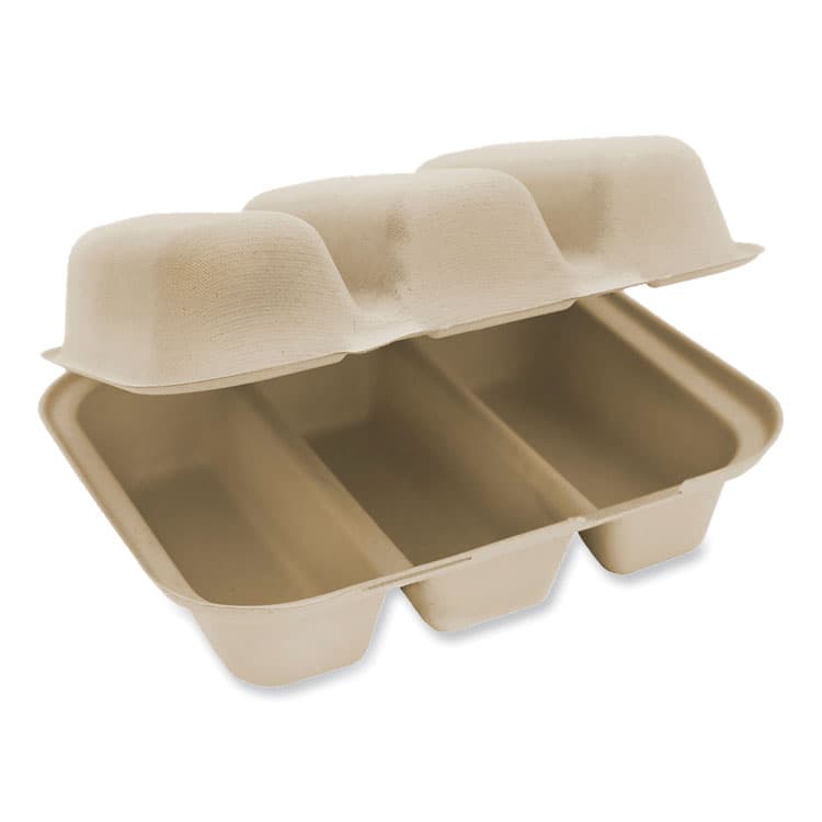 WORLD CENTRIC Fiber Hinged Takeout Containers, 8.8 x 8.2 x 2.9, Natural, Paper, 300/Carton (WORTOSCT3LFS)