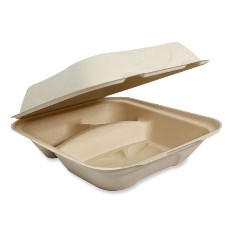 WORLD CENTRIC Fiber Hinged Takeout Containers, 3 Compartments, 8.8 x 8.2 x 2.9, Natural, Paper, 300/Carton (WORTOSCU8TLFP)