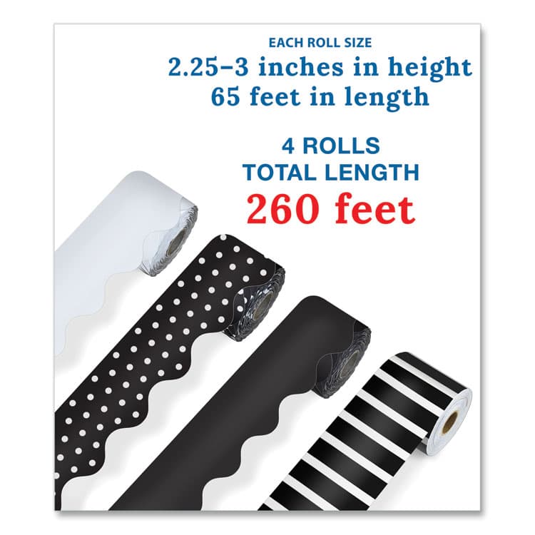 CARSON-DELLOSA EDUCATION Rolled Scalloped Border Set, (2) Solid Colors, (1) Horizontal Stripes, (1) Polka Dots, 2.25" x 65 ft, Assorted Colors, 4/Set (CDP145299) thumbnail 2