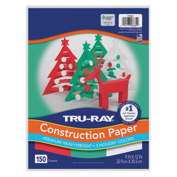 PACON CORPORATION Tru-Ray Construction Paper, 70 lb Text Weight, 9 x 12, Assorted Holiday Colors, 150/Pack (PACP6684)