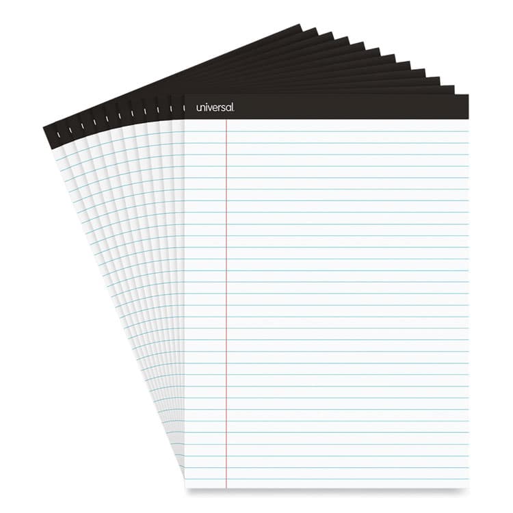 UNIVERSAL OFFICE PRODUCTS Premium Ruled Writing Pads with Heavy-Duty Back, Black Headband, Wide/Legal Rule, (50) White 8.5 x 11 Sheets, 12/Pack (UNV30730)