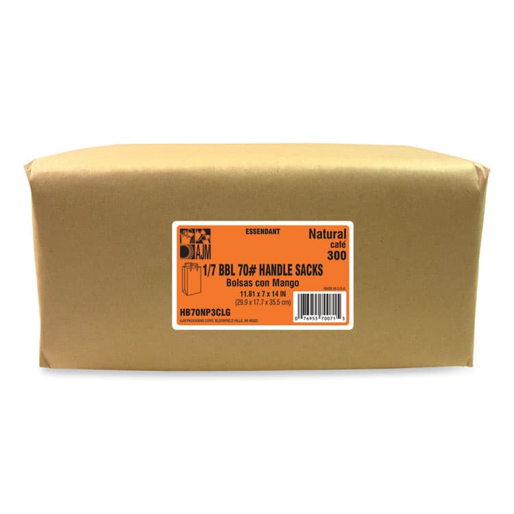 AJM PACKAGING CORP. Handle Bag, 1/7 BBL Size, 70# Basis Weight, Flat Handles, 12" x 7" x 14", Kraft, 300/Bundle (BAGHB70NP3CLG) thumbnail 4