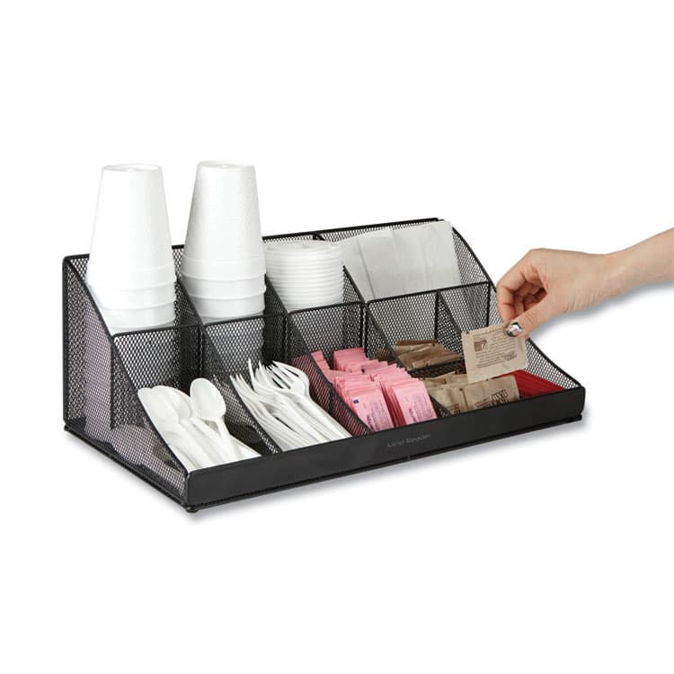 EMS MIND READER LLC Network Collection 11-Compartment Coffee Cup and Condiment Countertop Organizer, 9.5 x 17.88 x 6.63, Black (EMSCOMORGMESHBL) thumbnail 2