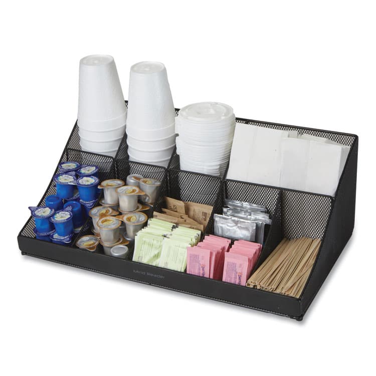 EMS MIND READER LLC Network Collection 11-Compartment Coffee Cup and Condiment Countertop Organizer, 9.5 x 17.88 x 6.63, Black (EMSCOMORGMESHBL) thumbnail 3