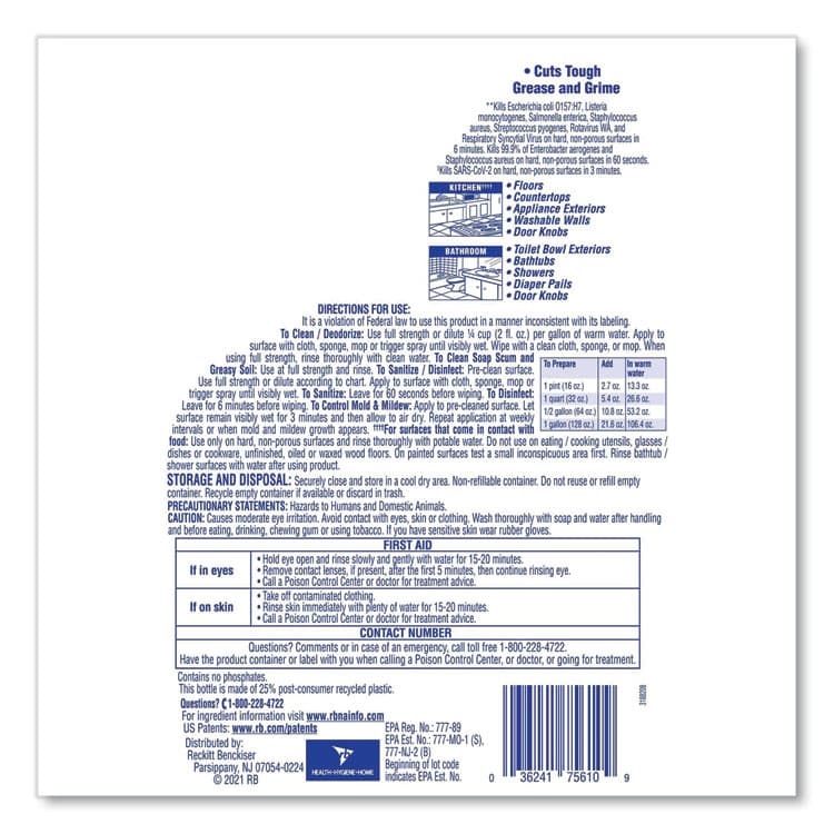 RECKITT BENCKISER Clean and Fresh Multi-Surface Disinfectant Cleaner, Sparkling Lemon and Sunflower Essence, 144 oz Bottle, 4/Carton (RAC77617) thumbnail 4