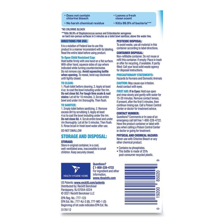 RECKITT BENCKISER Toilet Bowl Cleaner with Hydrogen Peroxide, Ocean Fresh Scent, 24 oz, 9/Carton (RAC98011) thumbnail 4