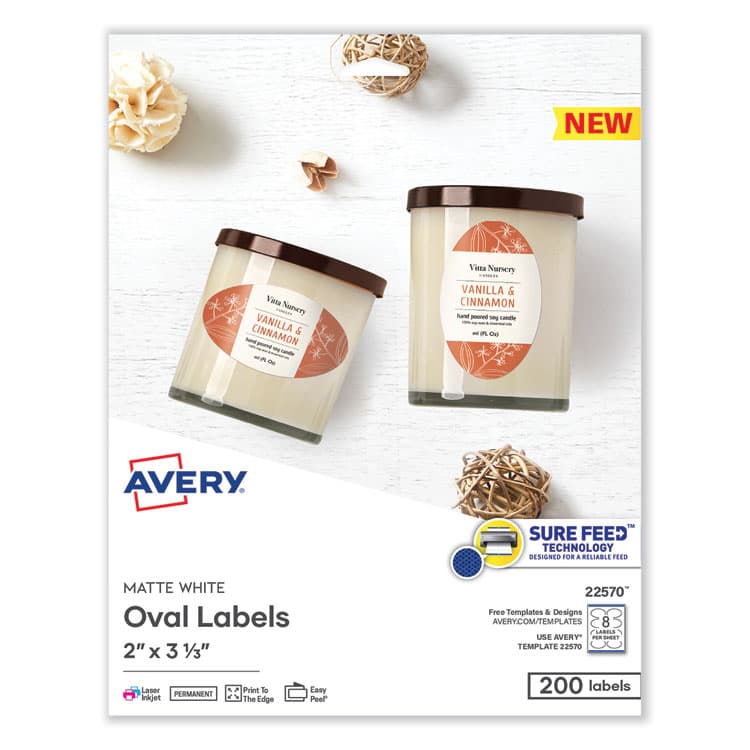 AVERY PRODUCTS CORPORATION Laser/Inkjet Media Labels, Inkjet/Laser Printers, 2 x 3.3, White, 8 Labels/Sheet, 25 Sheets/Pack (AVE22570)