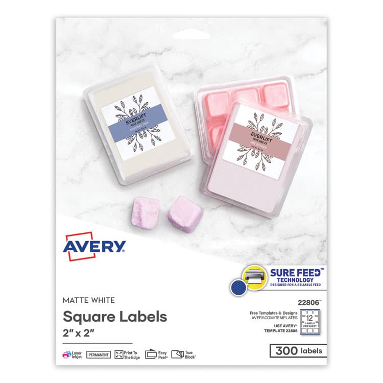 AVERY PRODUCTS CORPORATION Square Labels with Sure Feed and TrueBlock, 2 x 2, White, 300/Pack (AVE22806)