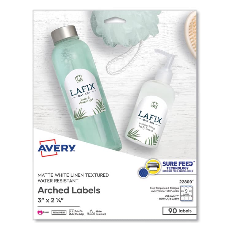 AVERY PRODUCTS CORPORATION Textured Arched Print-to-the-Edge Labels, Laser Printers, 3 x 2.25, White, 9/Sheet, 10 Sheets/Pack (AVE22809)