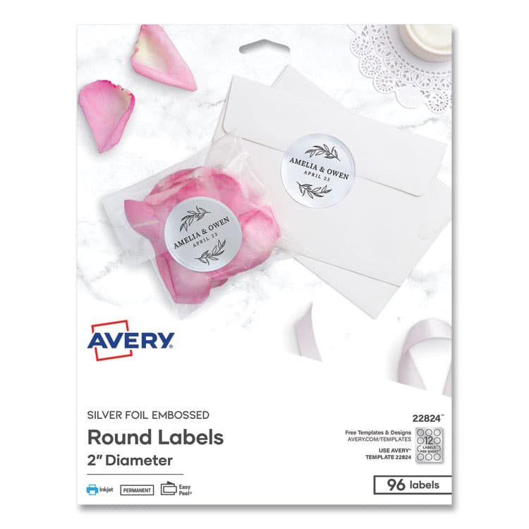 AVERY PRODUCTS CORPORATION Round Labels, Inkjet Printers, 2" dia, Silver, 12/Sheet, 8 Sheets/Pack (AVE22824)