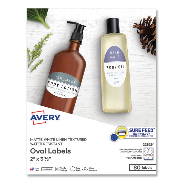 AVERY PRODUCTS CORPORATION Oval Print-to-the-Edge Labels, 2 x 3.33, White, 8/Sheet, 10 Sheets/Pack (AVE22829)