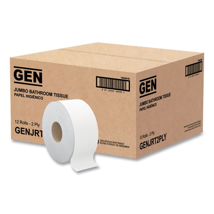 GEN JRT Jumbo Bath Tissue, Septic Safe, 2-Ply, 3.5" x 750 ft, White, 12 Rolls/Carton (GENJRT2PLY)