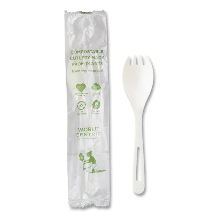 WORLD CENTRIC TPLA Wrapped Cutlery, Spork, Plastic, Light Beige, 750/Carton (WORRKPSI)