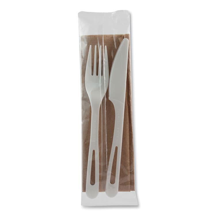 WORLD CENTRIC TPLA Wrapped Cutlery, Fork/Knife/Napkin, Plastic, Light Beige, 500/Carton (WORASPSFKN)