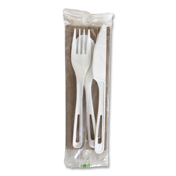 WORLD CENTRIC TPLA Wrapped Cutlery, Ribbed, Fork/Knife/Napkin/Spoon, Plastic, Light Beige, 250/Carton (WORASPSTNL)