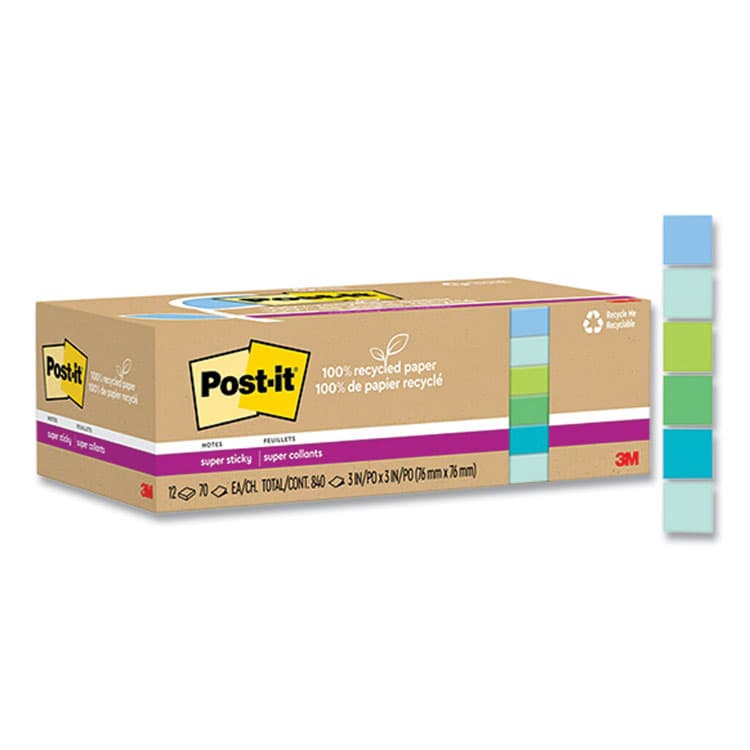 3M/COMMERCIAL TAPE DIV. 100% Recycled Paper Super Sticky Notes, Unruled, 3" x 3", Assorted Oasis Colors, 70 Sheets/Pad, 12 Pads/Pack (MMM654R12SST)