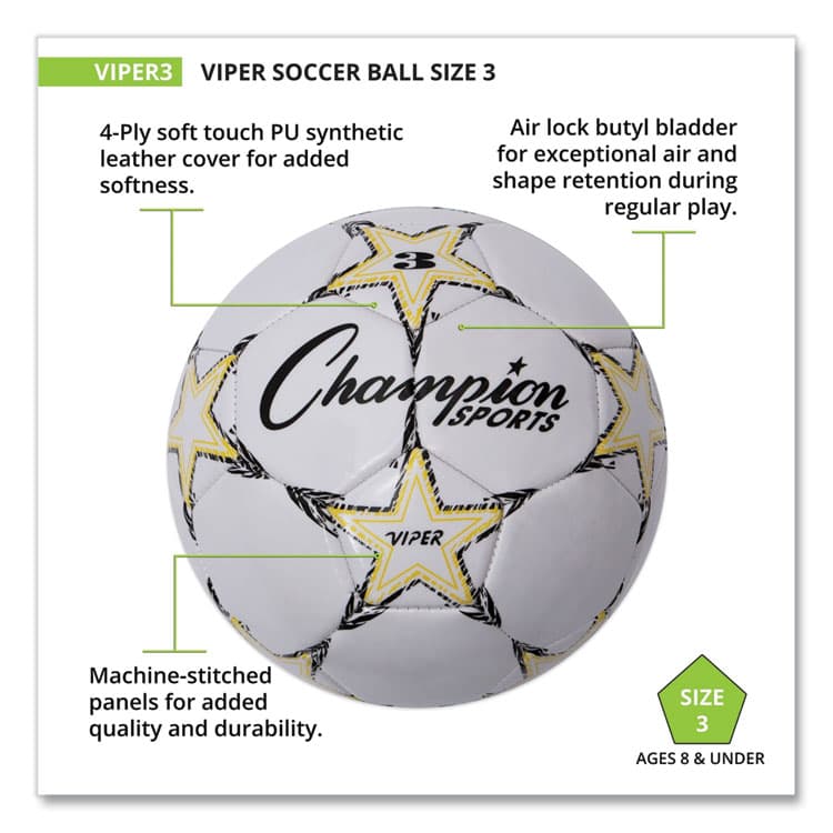 CHAMPION SPORT VIPER Soccer Ball, No. 3 Size, 7.25" to 7.5" Diameter, White (CSIVIPER3) thumbnail 4