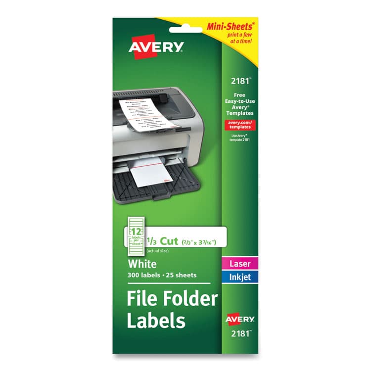 AVERY PRODUCTS CORPORATION Mini-Sheets Permanent File Folder Labels, 0.66 x 3.44, White, 12/Sheet, 25 Sheets/Pack (AVE2181)
