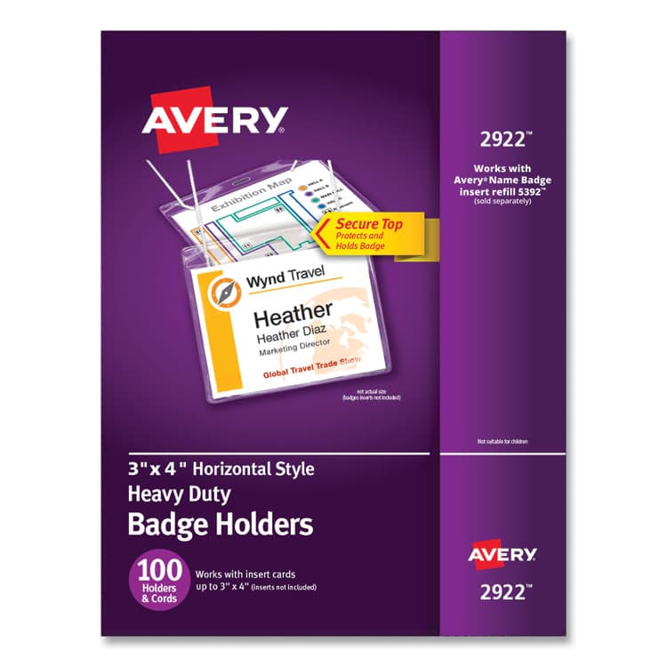 AVERY PRODUCTS CORPORATION Secure Top Hanging-Style Badge Holders, Horizontal, 4w x 3h, Clear, 100/Box (AVE2922)