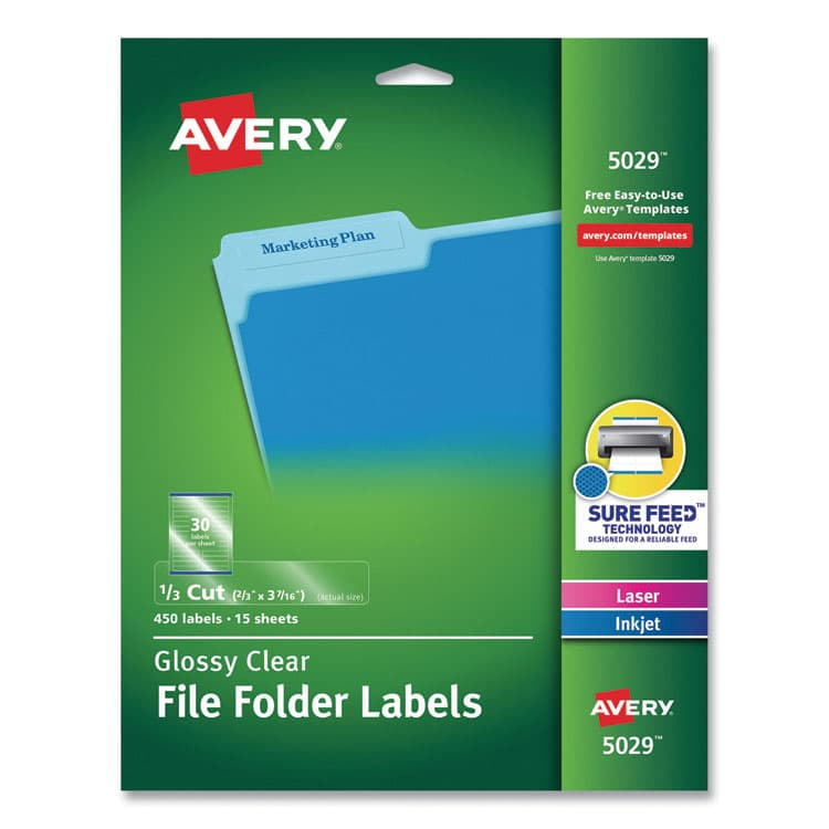 AVERY PRODUCTS CORPORATION Clear Permanent File Folder Labels with Sure Feed Technology, 0.66 x 3.44, Clear, 30/Sheet, 15 Sheets/Pack (AVE5029)