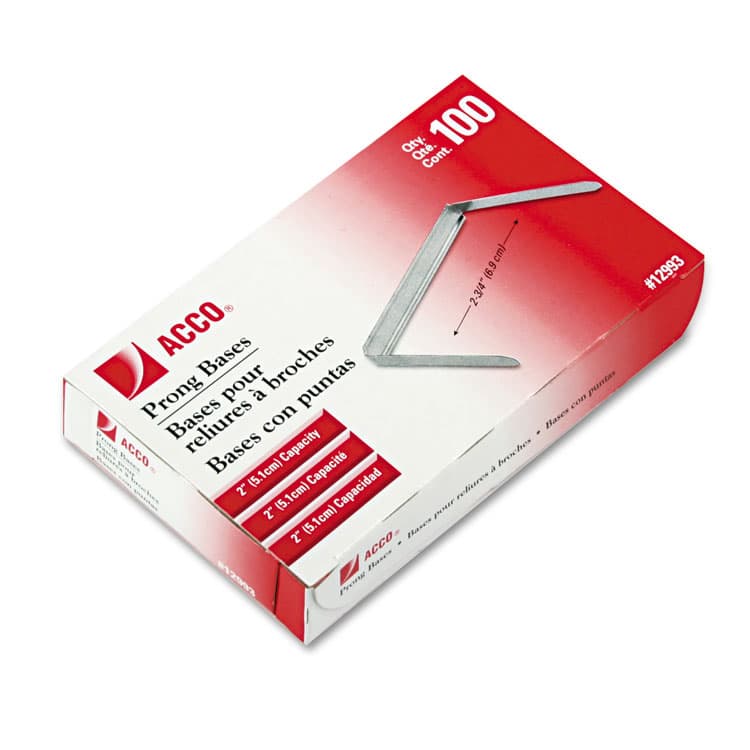 ACCO BRANDS, . Standard Two-Piece Two-Prong Paper Fastener Bases, 2" Capacity, 2.75" Center to Center, Silver, 100/Box (ACC12993)