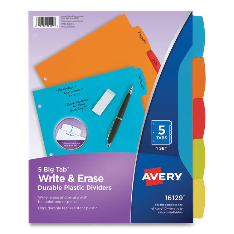 AVERY PRODUCTS CORPORATION Big Tab Write and Erase Durable Plastic Dividers, 5-Tab, 11 x 8.5, Assorted, 1 Set (AVE16129)