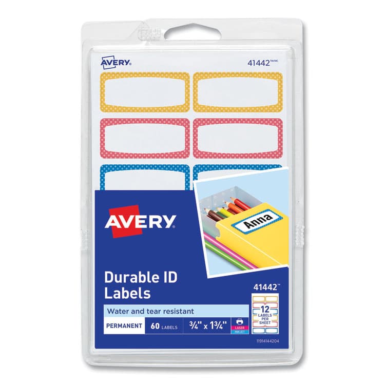 AVERY PRODUCTS CORPORATION Avery Kids Handwritten Identification Labels, 1.75 x 0.75, Borders: Blue, Orange, Yellow, 12 Labels/Sheet, 5 Sheets/Pack (AVE41442)