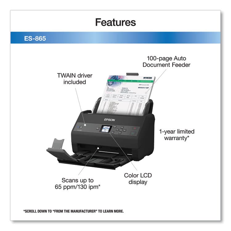 EPSON AMERICA, . WorkForce ES-865 Color Duplex Document Scanner, 600 dpi Optical Resolution, 100-Sheet Duplex Auto Document Feeder (EPSB11B250202) thumbnail 2