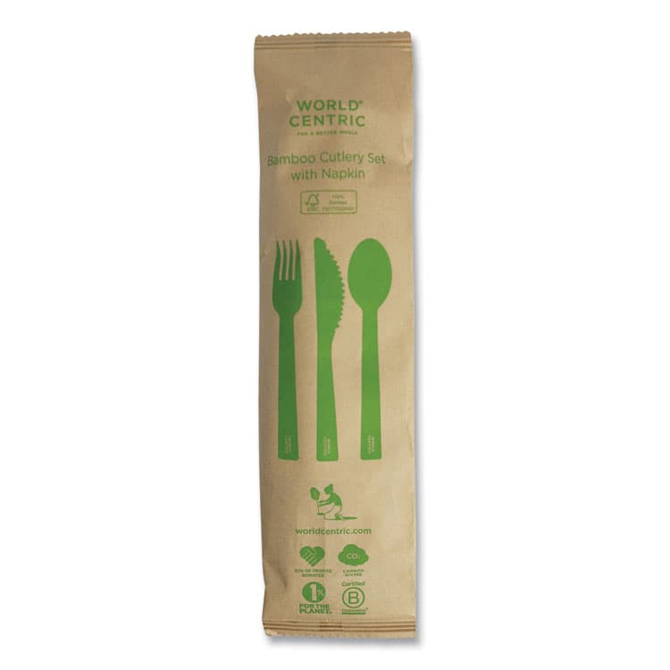WORLD CENTRIC Bamboo Cutlery, Fork/Knife/Napkin/Spoon, Paper, Natural, 250/Carton (WORASBBTN) thumbnail 2