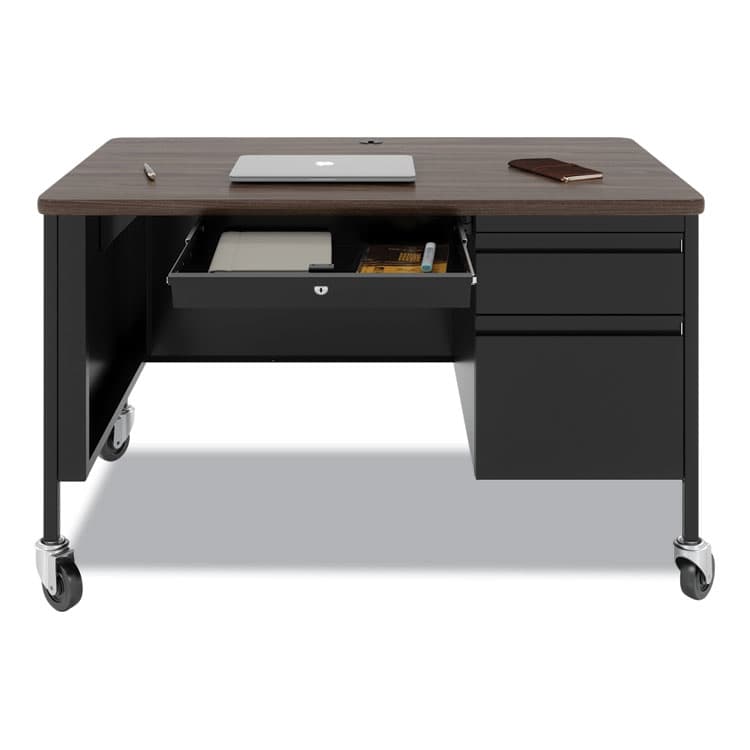 HIRSH INDUSTRIES SPACE SOLUTIONS Mobile Teachers Pedestal Desks, Right-Hand Pedestal: Box/File Drawers, 48" x 30" x 29.5", Walnut/Black (HID22656) thumbnail 2