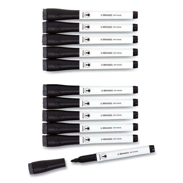 U BRANDS Medium Point Low-Odor Dry-Erase Markers with Erasers, Medium Bullet Tip, Black, Dozen (UBR2922U0012)