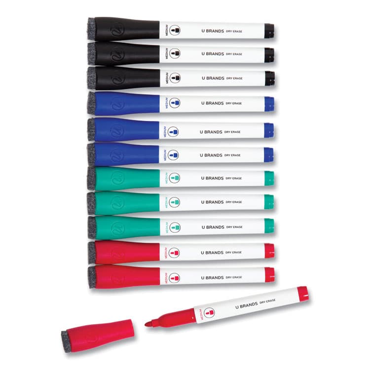 U BRANDS Medium Point Low-Odor Dry-Erase Markers with Erasers, Medium Bullet Tip, Assorted Colors, 12/Pack (UBR3980U0012)