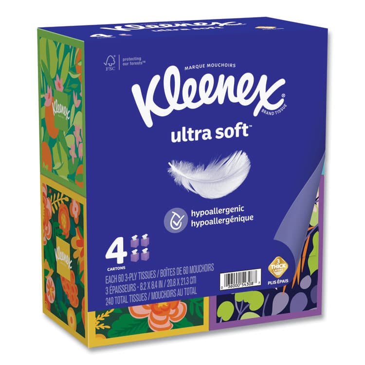KIMBERLY CLARK Ultra Soft Facial Tissue, 3-Ply, White, 60 Sheets/Box, 4 Boxes/Pack, 12 Packs/Carton (KCM54308) thumbnail 2